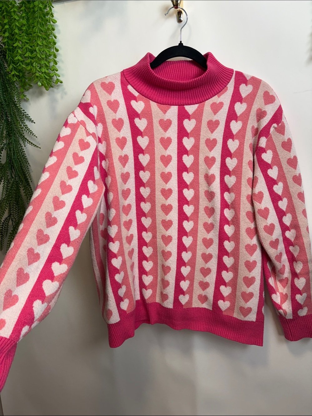Bright Pink Heart-Stripe Turtleneck Sweater